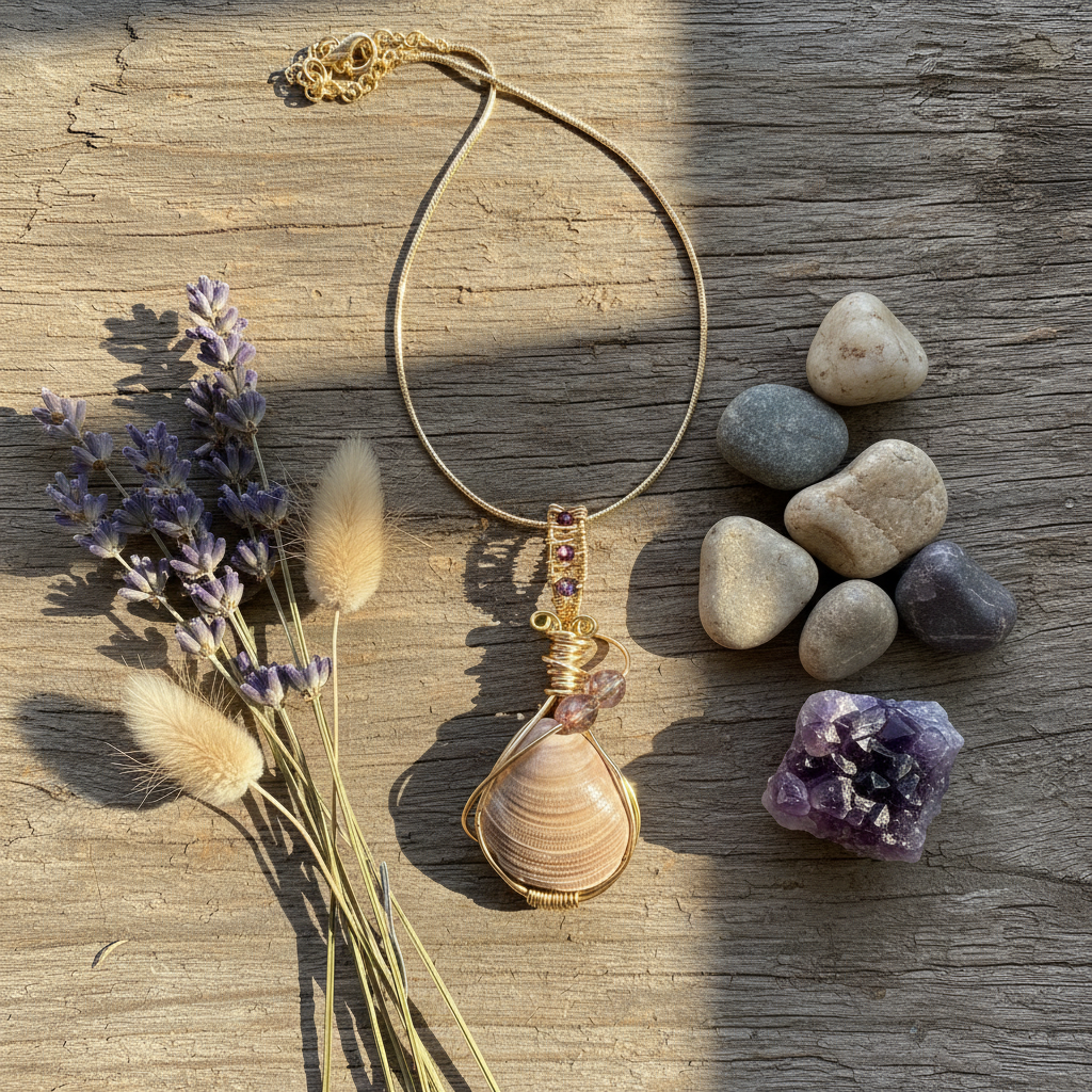 Flat lay with actual fossil pendant
