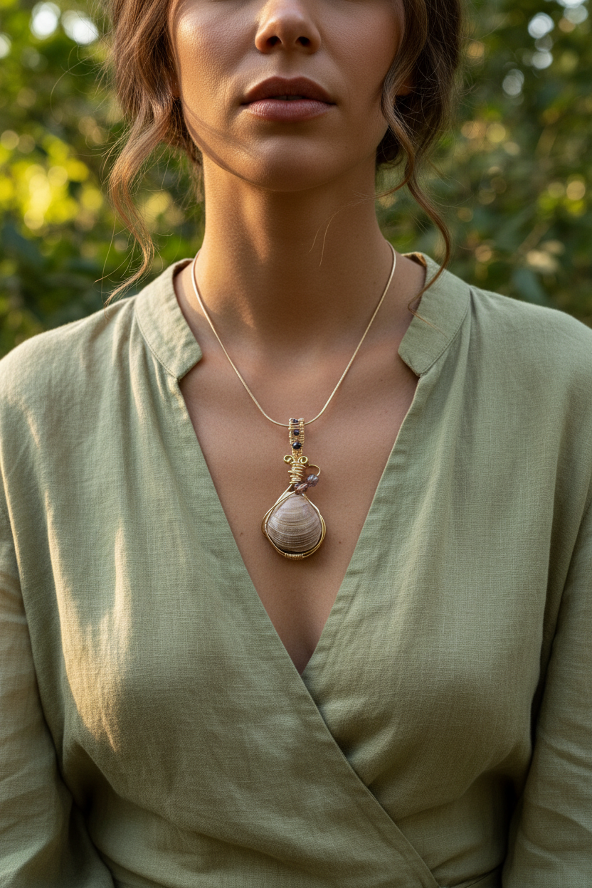 Woman wearing actual fossil pendant